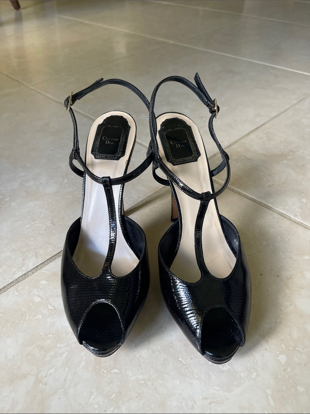 Dior Black T-Strap Peep-Toe Heels with Ankle Buckle in